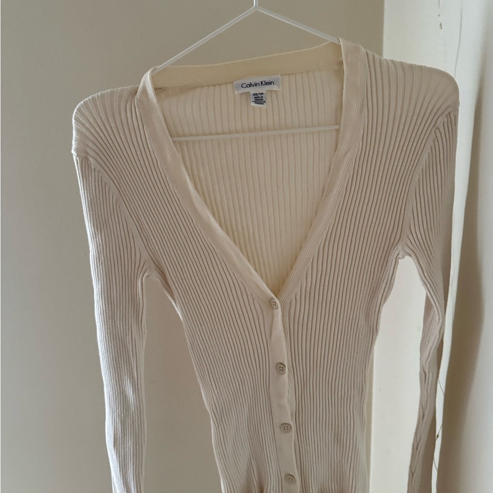 Calvin Klein Cream Ribbed V-Neck Button Front Sweater